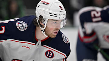 Feb 2, 2025; Dallas, Texas, USA; Columbus Blue Jackets defenseman Jake Christiansen (2) during the game between the Dallas Stars and the Columbus Blue Jackets at American Airlines Center. Mandatory Credit: Jerome Miron-Imagn Images