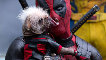 (L-R): Dogpool and Ryan Reynolds as Deadpool/Wade Wilson and Hugh Jackman as Wolverine/Logan in 20th Century Studios/Marvel Studios' DEADPOOL & WOLVERINE. Photo by Jay Maidment. © 2024 20th Century Studios / © and ™ 2024 MARVEL.