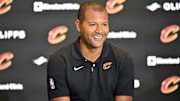 Sep 14, 2022; Cleveland, OH, USA; Cleveland Cavaliers president of basketball operations Koby Altman speaks to the media during an introductory press conference at Rocket Mortgage FieldHouse. Mandatory Credit: David Richard-Imagn Images