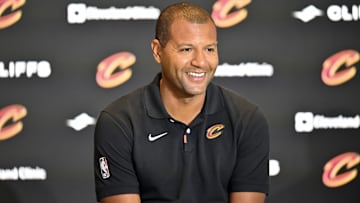 Sep 14, 2022; Cleveland, OH, USA; Cleveland Cavaliers president of basketball operations Koby Altman speaks to the media during an introductory press conference at Rocket Mortgage FieldHouse. Mandatory Credit: David Richard-Imagn Images