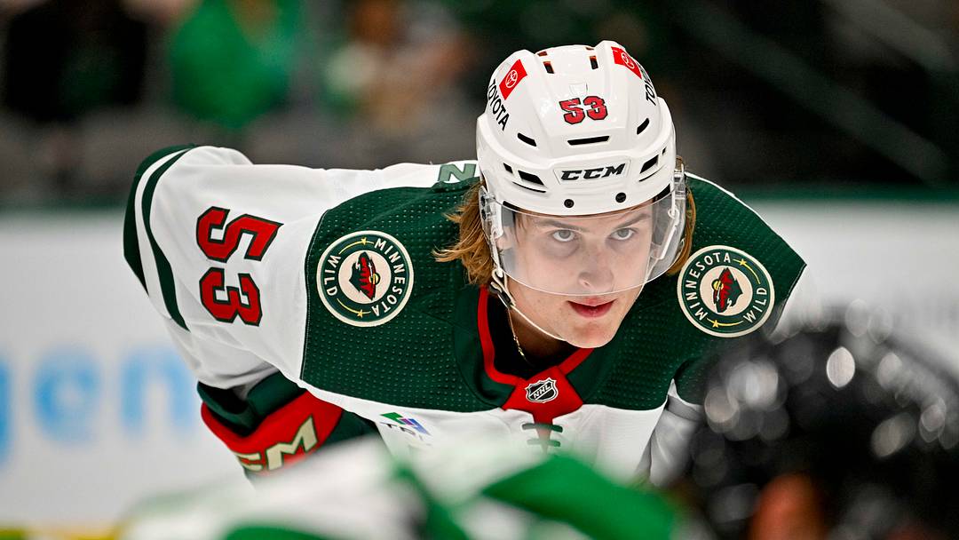 Sep 29, 2022; Dallas, Texas, USA; Minnesota Wild left wing Adam Beckman (53) in action during the game between the Dallas Stars and the Minnesota Wild at the American Airlines Center. Mandatory Credit: Jerome Miron-USA TODAY Sports