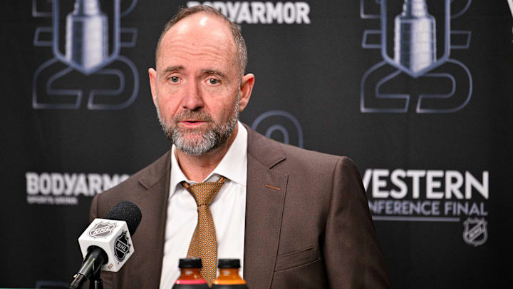May 29, 2025; Dallas, Texas, USA; Dallas Stars head coach Pete DeBoer speaks to the media after the game against the Edmonton Oilers in game five of the Western Conference Final of the 2025 Stanley Cup Playoffs at American Airlines Center. Mandatory Credit: Jerome Miron-Imagn Images