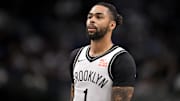 Mar 31, 2025; Dallas, Texas, USA; Brooklyn Nets guard D'Angelo Russell (1) during the game between the Dallas Mavericks and the Brooklyn Nets at the American Airlines Center. Mandatory Credit: Jerome Miron-Imagn Images