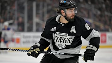 Apr 23, 2025; Los Angeles, California, USA; Los Angeles Kings defenseman Drew Doughty (8) during game 2 of the 2025 Stanley Cup Playoffs against the Edmonton Oilers at Crypto.com Arena. Mandatory Credit: Jayne Kamin-Oncea-Imagn Images