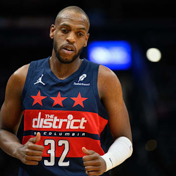 Mar 24, 2025; Washington, District of Columbia, USA; Washington Wizards forward Khris Middleton (32) looks on during the first quarter against the Toronto Raptors at Capital One Arena. Mandatory Credit: Reggie Hildred-Imagn Images