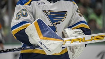 Oct 12, 2023; Dallas, Texas, USA; A view of the logo of the jersey of St. Louis Blues goaltender Jordan Binnington (50) during the game between the Dallas Stars and the St. Louis Blues  at the American Airlines Center. Mandatory Credit: Jerome Miron-Imagn Images