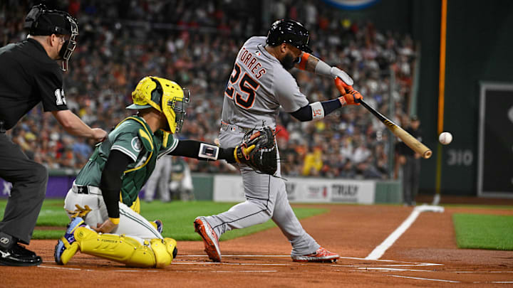 Tigers second baseman Gleyber Torres hits a single in the first inning at Fenway Park. 