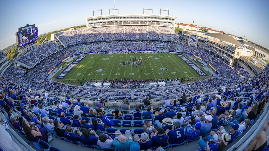 Nov 8, 2025; Fort Worth, Texas, USA; A view of the stadium and the field and the fans during the game between the TCU Horned Frogs and the Iowa State Cyclones at Amon G. Carter Stadium. Mandatory Credit: Jerome Miron-Imagn Images
