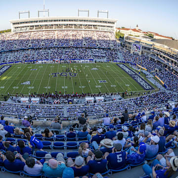 Nov 8, 2025; Fort Worth, Texas, USA; A view of the stadium and the field and the fans during the game between the TCU Horned Frogs and the Iowa State Cyclones at Amon G. Carter Stadium. Mandatory Credit: Jerome Miron-Imagn Images