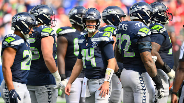Seattle Seahawks quarterback Sam Darnold during a TV timeout during the second half against San Francisco 49ers. Seattle Seahawks quarterback Sam Darnold during a TV timeout during the second half against San Francisco 49ers.