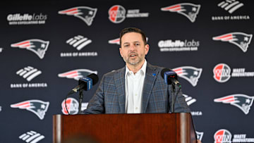 Mar 13, 2025; Foxborough, MA, USA; New England Patriots executive vice president of player personnel Eliot Wolf  discusses the teamís recent free agent additions with the media at Gillette Stadium. Mandatory Credit: Eric Canha-Imagn Images
