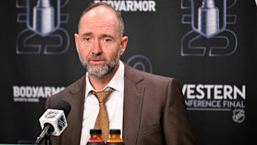 May 29, 2025; Dallas, Texas, USA; Dallas Stars head coach Pete DeBoer speaks to the media after the game against the Edmonton Oilers in game five of the Western Conference Final of the 2025 Stanley Cup Playoffs at American Airlines Center. Mandatory Credit: Jerome Miron-Imagn Images