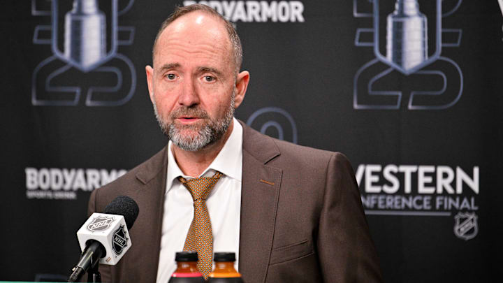 May 29, 2025; Dallas, Texas, USA; Dallas Stars head coach Pete DeBoer speaks to the media after the game against the Edmonton Oilers in game five of the Western Conference Final of the 2025 Stanley Cup Playoffs at American Airlines Center. Mandatory Credit: Jerome Miron-Imagn Images