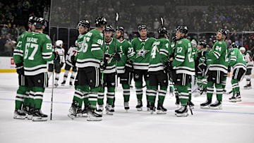 Sep 23, 2025; Dallas, Texas, USA; The Dallas Stars celebrate on the ice after defeating the Minnesota Wild at American Airlines Center. Mandatory Credit: Jerome Miron-Imagn Images