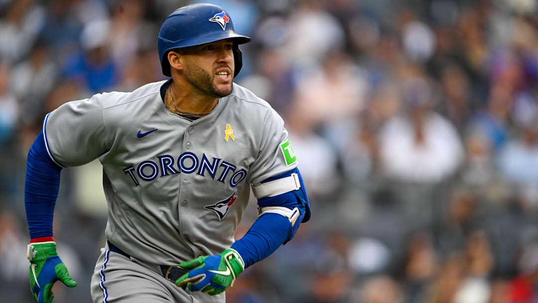 Sep 7, 2025; Bronx, New York, USA; Toronto Blue Jays right fielder George Springer (4) hits for a double during the third inning against the New York Yankees at Yankee Stadium. 