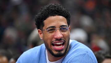 Indiana Pacers guard Tyrese Haliburton (0) on the bench during a game against the Cleveland Cavaliers.