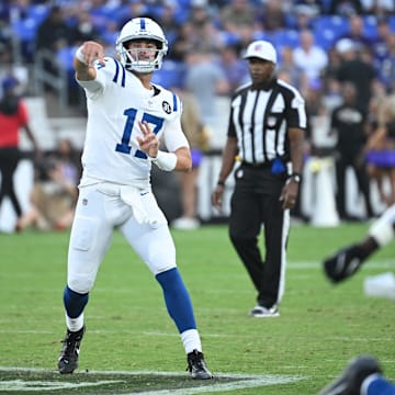 Aug 7, 2025; Baltimore, Maryland, USA; Indianapolis Colts quarterback Daniel Jones (17) attempts a pass against the Baltimore Ravens during the first quarter at M&T Bank Stadium. Mandatory Credit: Rafael Suanes-Imagn Images