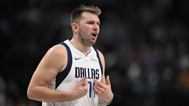 Nov 3, 2024; Dallas, Texas, USA; Dallas Mavericks guard Luka Doncic (77) reacts to receiving a technical foul during the second half against the Orlando Magic at the American Airlines Center. Mandatory Credit: Jerome Miron-Imagn Images Nov 3, 2024; Dallas, Texas, USA; Dallas Mavericks guard Luka Doncic (77) reacts to receiving a technical foul during the second half against the Orlando Magic at the American Airlines Center. Mandatory Credit: Jerome Miron-Imagn Images