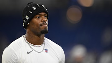 Nov 10, 2024; Indianapolis, Indiana, USA; Indianapolis Colts linebacker E.J. Speed (45) walks on the field before ether game against the Buffalo Bills at Lucas Oil Stadium.