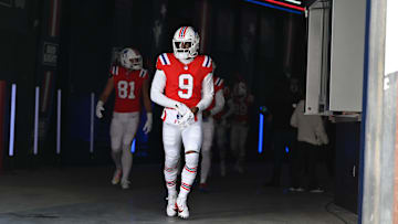 Dec 1, 2024; Foxborough, Massachusetts, USA; New England Patriots wide receiver Kayshon Boutte (9) walks out of the player's tunnel before a game against the Indianapolis Colts at Gillette Stadium. Mandatory Credit: Eric Canha-Imagn Images