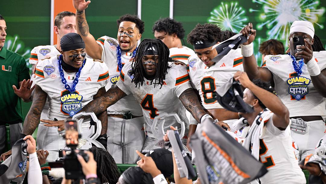 Dec 31, 2025; Arlington, TX, USA; Miami Hurricanes wide receiver Keelan Marion (0), running back Mark Fletcher Jr. (4) and defensive back Jakobe Thomas (8) celebrate defeating the Ohio State Buckeyes during the 2025 Cotton Bowl and quarterfinal game of the College Football Playoff at AT&T Stadium. Mandatory Credit: Jerome Miron-Imagn Images