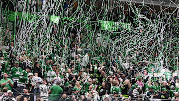 May 11, 2025; Dallas, Texas, USA; during the third period in game three of the second round of the 2025 Stanley Cup Playoffs at American Airlines Center. Mandatory Credit: Jerome Miron-Imagn Images