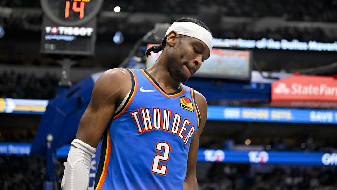 Mar 1, 2026; Dallas, Texas, USA; Oklahoma City Thunder guard Shai Gilgeous-Alexander (2) looks on during the game between the Mavericks and the Thunder at American Airlines Center. Mandatory Credit: Jerome Miron-Imagn Images