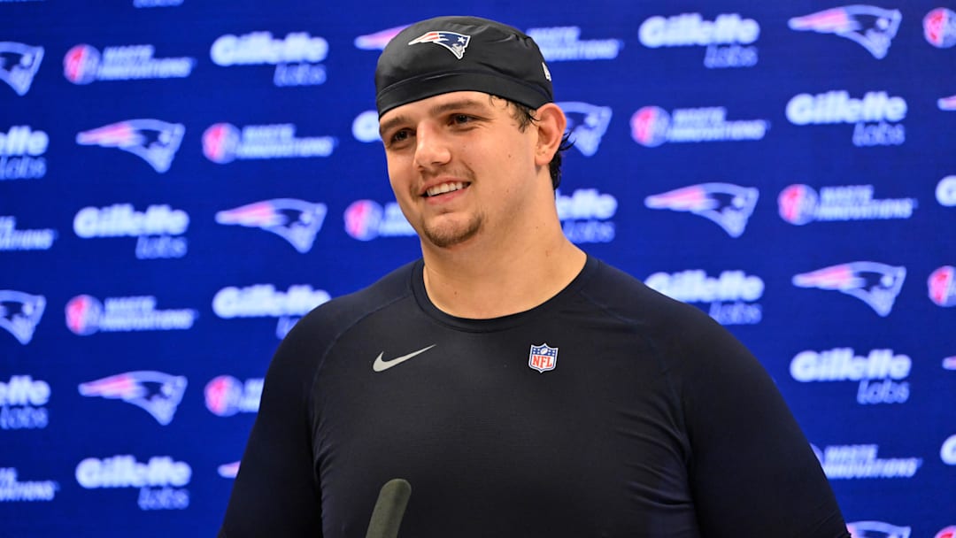 New England Patriots offensive tackle Will Campbell (66) speaks to the media after rookie camp at Gillette Stadium.
