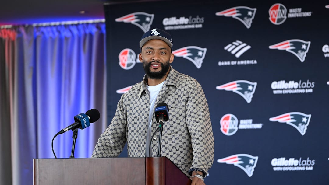 Mar 13, 2025; Foxborough, MA, USA; New England Patriots cornerback Carlton Davis III discusses his recent free agent addition to the Patriots with the media at Gillette Stadium. Mandatory Credit: Eric Canha-Imagn Images