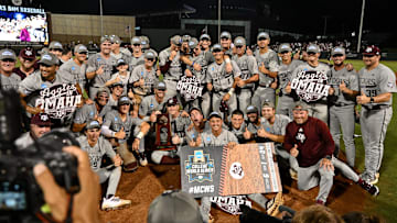 Jun 9, 2024; College Station, TX, USA; Texas A&M celebrates after sweeping Oregon in the Bryan-College Station Super Regional series at Olsen Field, Blue Bell Park Mandatory Credit: Maria Lysaker-USA TODAY Sports