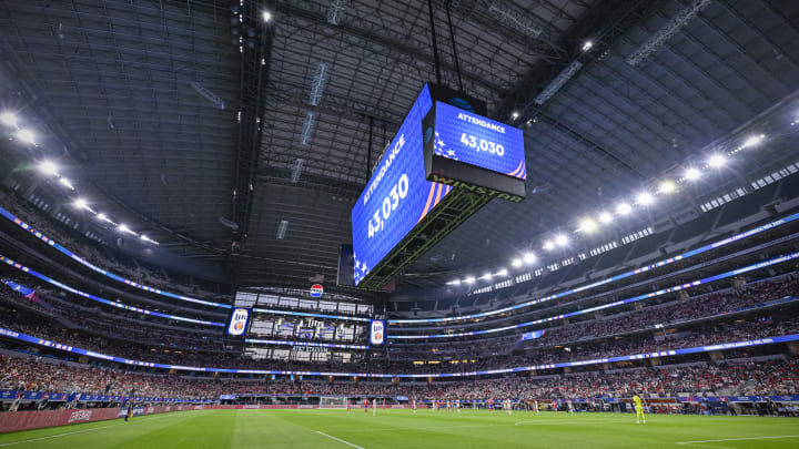 Jun 21, 2024; Arlington, TX, USA; A view of the field and the fans and the announced attendance during the game between Chile and Peru in a 2024 Copa America match at AT&T Stadium. 