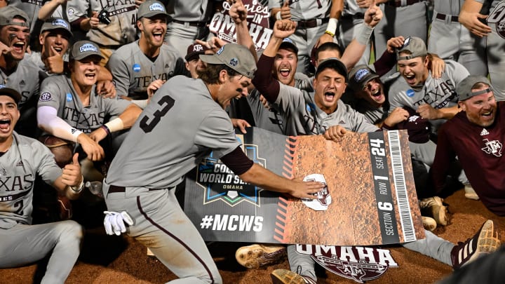 Jun 9, 2024; College Station, TX, USA; Texas A&M celebrates after sweeping Oregon in the Bryan-College Station Super Regional series at Olsen Field, Blue Bell Park.