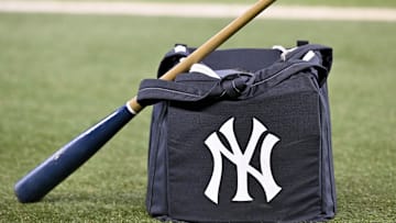 Aug 4, 2025; Arlington, Texas, USA; A view of a baseball bat and a New York Yankees bag and logo before the game between the Texas Rangers and the Yankees at Globe Life Field. Mandatory Credit: Jerome Miron-Imagn Images