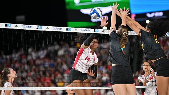 Sep 6, 2026; Chicago, IL, USA; Nebraska Cornhuskers middle blocker Manaia Ogbechie (14) spikes the ball against the Missouri Tigers during the first set at Wrigley Field. Mandatory Credit: Patrick Gorski-Imagn Images Sep 6, 2026; Chicago, IL, USA; Nebraska Cornhuskers middle blocker Manaia Ogbechie (14) spikes the ball against the Missouri Tigers during the first set at Wrigley Field. Mandatory Credit: Patrick Gorski-Imagn Images