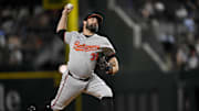 Jul 2, 2025; Arlington, Texas, USA; Baltimore Orioles relief pitcher Andrew Kittredge (39) pitches during the game between the Texas Rangers and the Baltimore Orioles at Globe Life Field. Mandatory Credit: Jerome Miron-Imagn Images