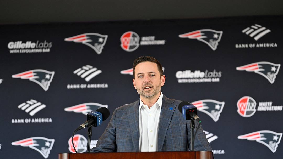 Mar 13, 2025; Foxborough, MA, USA; New England Patriots executive vice president of player personnel Eliot Wolf  discusses the teamís recent free agent additions with the media at Gillette Stadium. Mandatory Credit: Eric Canha-Imagn Images