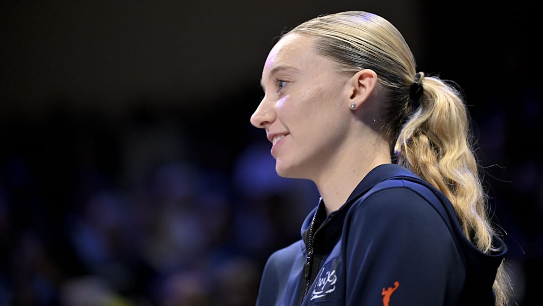 Aug 8, 2025; Arlington, Texas, USA; Dallas Wings guard Paige Bueckers (5) before the game between the Dallas Wings and the New York Liberty at College Park Center. Mandatory Credit: Jerome Miron-Imagn Images