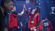 Mar 23, 2025; Portland, Oregon, USA; Portland Trail Blazers guard Shaedon Sharpe (17) high fives forward Toumani Camara (33) before a game against the Boston Celtics at Moda Center. Mandatory Credit: Troy Wayrynen-Imagn Images