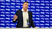 Nov 12, 2025; Foxborough, MA, USA; New England Patriots former player and current Fox Sports football analyst Rob Gronkowski speaks during a press conference where he signed a ceremonial one day contract at Gillette Stadium. Mandatory Credit: Eric Canha-Imagn Images