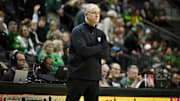 Feb 16, 2025; Eugene, Oregon, USA; Rutgers Scarlet Knights head coach Steve Pikiell reacts at the end of the game against the Oregon Ducks at Matthew Knight Arena. Mandatory Credit: Craig Strobeck-Imagn Images