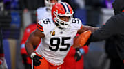 Jan 4, 2025; Baltimore, Maryland, USA; Cleveland Browns defensive end Myles Garrett (95) warms up before the game against Baltimore Ravens at M&T Bank Stadium. Mandatory Credit: Tommy Gilligan-Imagn Images