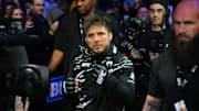 Henry Cejudo is introduced prior to fighting Song Yadong in the bantamweight bout at UFC Fight Night. 