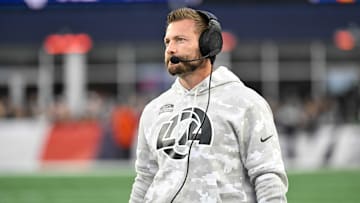 Nov 17, 2024; Foxborough, Massachusetts, USA; Los Angeles Rams head coach Sean McVay watches from the sideline during the second half against the New England Patriots at Gillette Stadium.