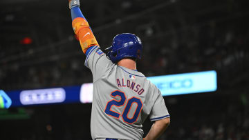 Jul 1, 2024; Washington, District of Columbia, USA; New York Mets first baseman Pete Alonso (20) reacts after a three run home run by designated hitter J.D. Martinez (28) (not pictured) against the Washington Nationals during the tenth inning at Nationals Park. Mandatory Credit: Rafael Suanes-USA TODAY Sports