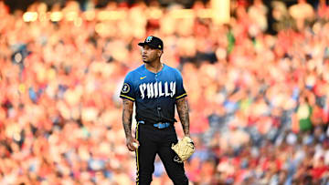 Jun 21, 2024; Philadelphia, Pennsylvania, USA; Philadelphia Phillies starting pitcher Taijuan Walker (99) looks on after allowing three runs against the Arizona Diamondbacks in the third inning at Citizens Bank Park. Mandatory Credit: Kyle Ross-Imagn Images