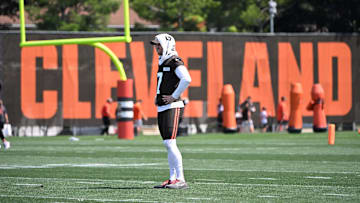 Aug 4, 2024; Cleveland Browns kicker Dustin Hopkins (7) during practice at the Browns training facility in Berea, Ohio.