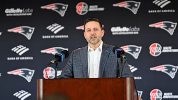 Mar 13, 2025; Foxborough, MA, USA; New England Patriots executive vice president of player personnel Eliot Wolf  discusses the teamís recent free agent additions with the media at Gillette Stadium. Mandatory Credit: Eric Canha-Imagn Images