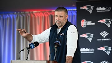 Mar 13, 2025; Foxborough, MA, USA; New England Patriots head coach Mike Vrabel discusses the team's recent free-agent additions with the media at Gillette Stadium.
