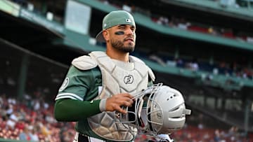 iMay 16, 2025; Boston, Massachusetts, USA; Boston Red Sox catcher Carlos Narvaez (75) walks out of the dugout before the start of a game against the Atlanta Braves at Fenway Park. Mandatory Credit: Eric Canha-Imagn Images 