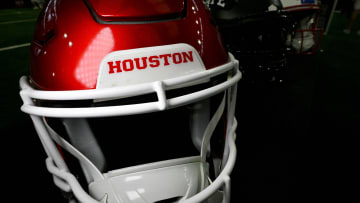 Jul 13, 2023; Arlington, TX, USA; A view of the Houston Cougars helmet and logo during the Big 12 football media day at AT&T Stadium. Mandatory Credit: Jerome Miron-USA TODAY Sports